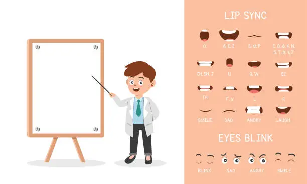 Vector illustration of Doctor mouth animation set clipart cartoon style. Cute doctor with blank copy space clipboard flat vector illustration. Lip sync collection. Character sound pronunciation. Doctor seminar concept