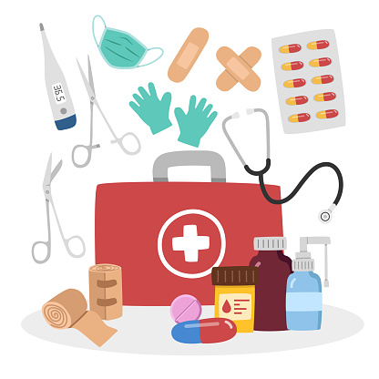 First aid kit clipart cartoon style. Doctor bag with many first aid elements flat vector illustration hand drawn. Stethoscope, thermometer, medicines, sticking plaster, pills, tablet, capsule cartoon