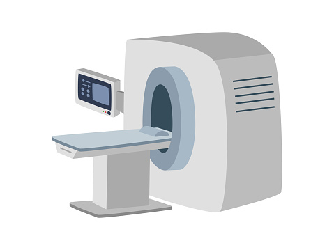 CT scanner or MRI scanner clipart cartoon style. Computed tomography scanner, Magnetic Resonance Imaging flat vector illustration hand drawn doodle style. Hospital and medical equipment concept