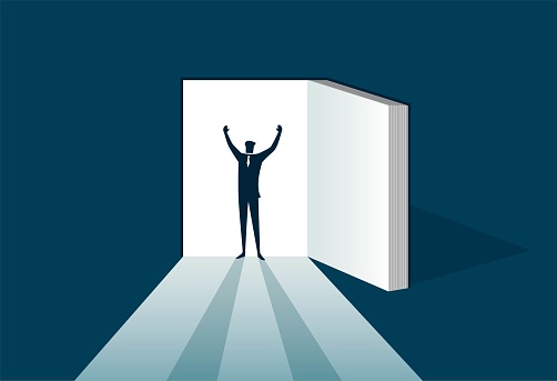 The open book is a door, the man stands in the doorway and raises his hands in victory, This is a set of commercial illustrations, easy to modify, infinitely magnified