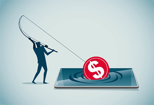 Man fishing for coins in mobile phone with fishing rod, This is a set of commercial illustrations, easy to modify, infinitely magnified