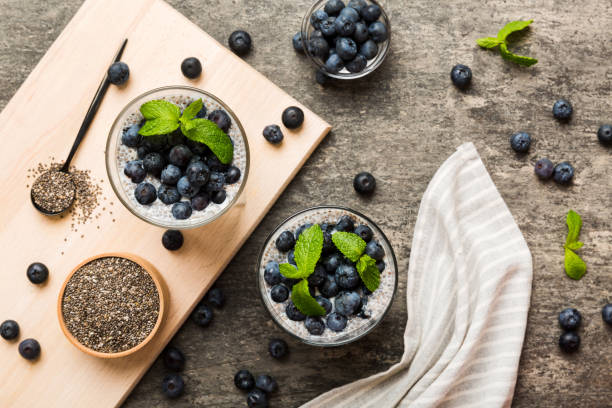 istock Healthy breakfast or morning with chia seeds vanilla pudding and blueberry berries on table background, vegetarian food, diet and health concept. Chia pudding with coconut milk and blueberry 1502226104
