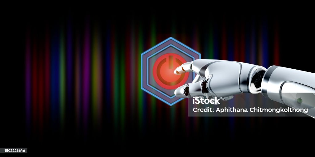3d Robotic Hand Touching Power Button Starting Artificial Intelligence ...