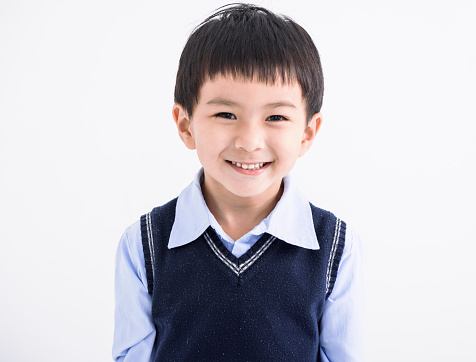 closeup Happy asian boy face  on white background