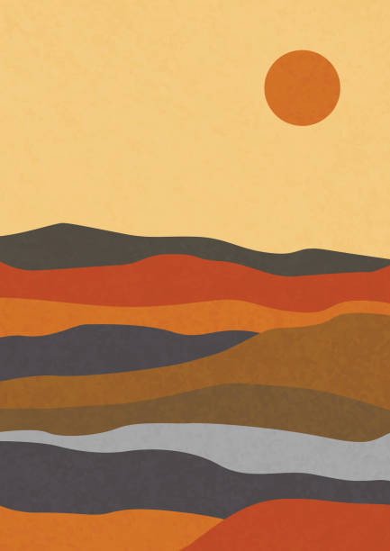 istock Modern abstract minimalist landscape posters. Desert, sun and moon. Mountains. Pastel colors, earth tones. Boho mid-century prints. Flat design. Stock vector illustration 1502230134