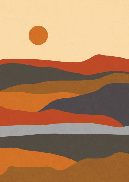 istock Modern abstract minimalist landscape posters. Desert, sun and moon. Mountains. Pastel colors, earth tones. Boho mid-century prints. Flat design. Stock vector illustration 1502230145
