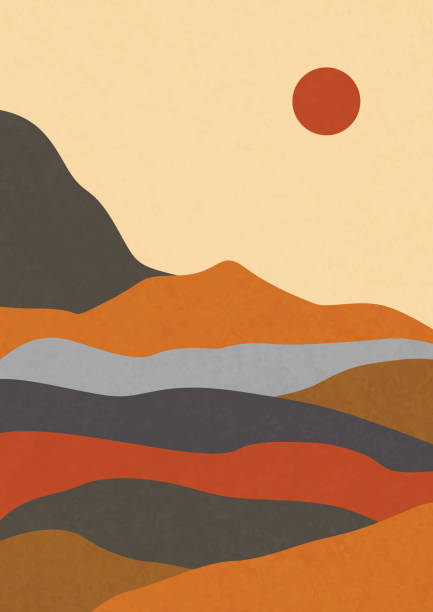 istock Modern abstract minimalist landscape posters. Desert, sun and moon. Mountains. Pastel colors, earth tones. Boho mid-century prints. Flat design. Stock vector illustration 1502230707