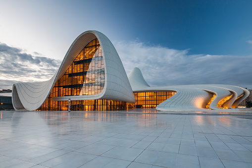Building designed by Zaha Hadid. Center houses a conference hall, gallery and museum. Heydar Aliyev Center won the Design Museum's Designs of the Year Award in 2014. Baku, Azerbaijan - May 11 2022
