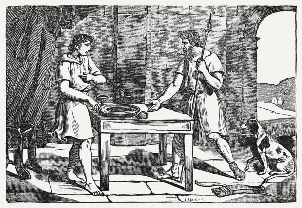 Esau sells his birthright (Genesis 25), wood engraving, published 1835 Esau sells his birthright to Jacob (Genesis 25, 29 - 34). Wood engraving, published in 1835. two men hunting stock illustrations