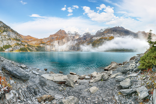 areial view of the Bachalpsee and the Swiss Alps in the background on a summer day