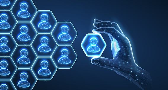 Abstract 3d human hand hold leader icon in hexagon and people pyramid. Manage human resurse, team leader, recruitment process, change personnel, career growth, HR manage, leadership concept