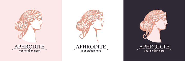 Aphrodite or Venus. Woman face logo. Emblem for a beauty or yoga salon. Vector illustration