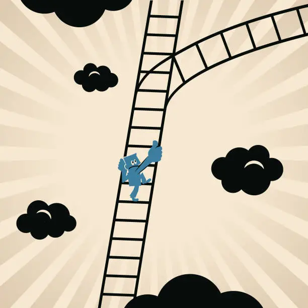 Vector illustration of After the man climbs the ladder, he encounters a fork in the road and must face a choice
