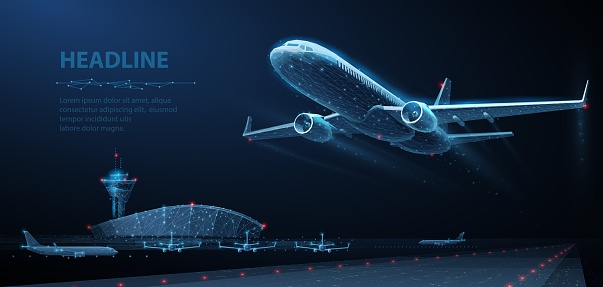 Takeoff of an airplane and an airport in background. Air transport navigation, aircraft innovation, travel concept, futuristic tech, aviation technology, AI in aviation, night flight, cargo journey