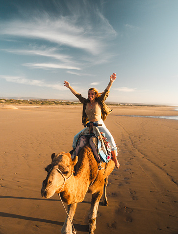 A tourist girl with a traditional moroccan red dress, open arms, riding a dromedary in the Sahara desert of Merzouga, Morocco