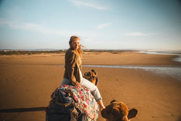 istock Female tourist riding camel on sahara desert 1502266581