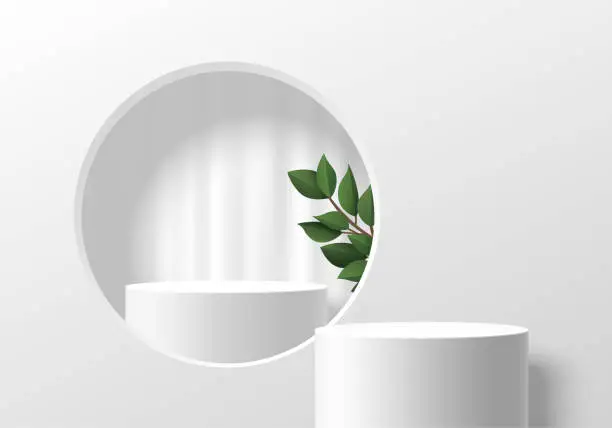 Vector illustration of Realistic 3D white cylinder pedestal podium background with podium in circle window and green leaf. Wall minimal scene mockup product stage showcase, Cosmetic promotion display. 3D abstract platforms.