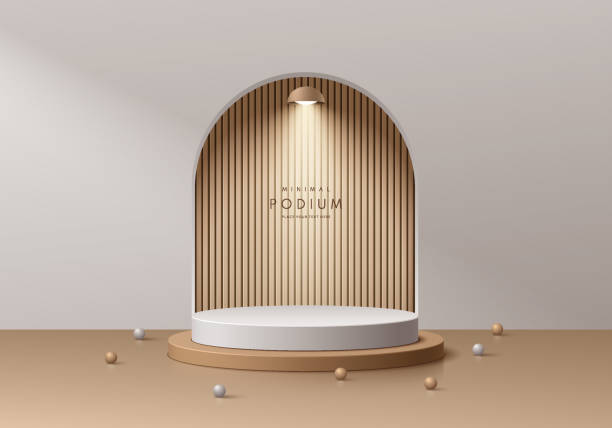 istock 3D realistic brown and white cylinder pedestal podium background with wood pattern in arch gate. Abstract minimal scene mockup products, stage showcase, promotion display. Vector geometric platforms. 1502267170