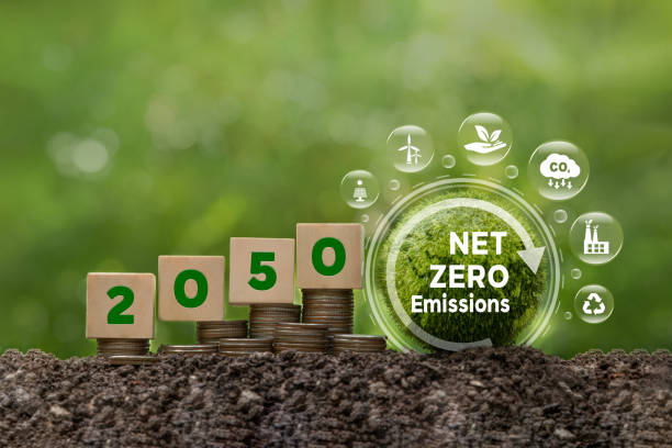 netto-null-emissionen bis 2050. klimaneutral.natürliche umwelt eine klimaneutrale, langfristige strategie für treibhausgas-emissionsziele. ziele für eine nachhaltige umweltentwicklung. - recycling carbon footprint footprint sustainable resources stock-fotos und bilder