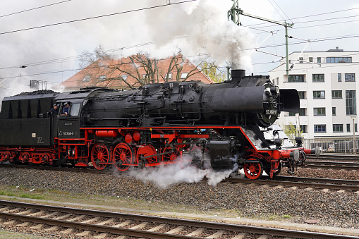 Dresden, Germany - April 16 2023: The historic DRB 50 steam locomotive in Dresden Hauptbahnhof.