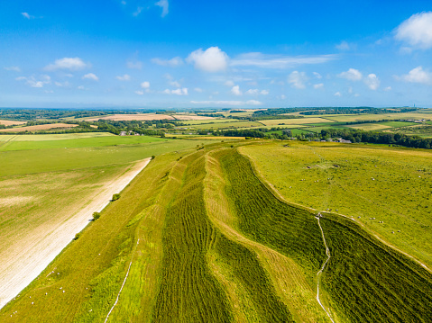 Aerial view of Maiden Iron Age Hill Fort in Dorset, near Dorchester