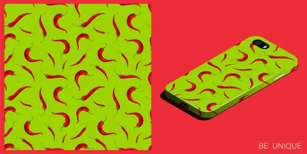 Vector illustration of Modern smartphone in unique case decorated hot red pepper for mexican dishes. Hot chili pepper pattern. Isometric top view. Vector ornament for design of posters and accessory