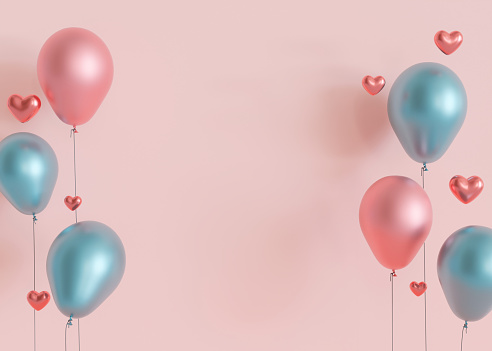 Pink background with hearts, balloons and copy space. Valentine's Day, Woman's, Mother's Day, Wedding backdrop. Empty space for advertising text, invitation, logo. 3D render