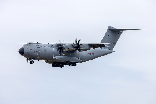 Luqa, Malta - June 10, 2023: UK Air Force (RAF) Airbus A400M-180 (REG: ZM418) landing for a night stop over.
