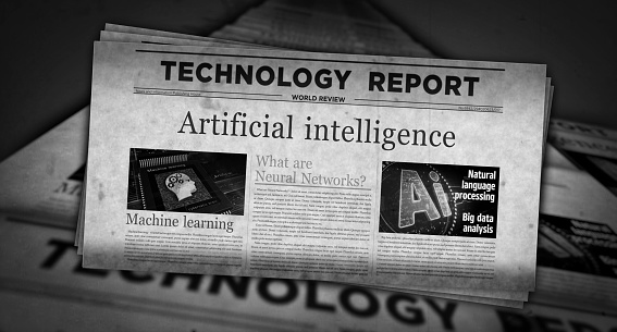 Artificial intelligence deep machine learning vintage news and newspaper printing. Abstract concept retro headlines 3d illustration.