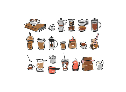 Set of coffee elements, kettle, mug and cups . Trending vector doodle illustrations for coffee shop and restaurant menu. Hand drawn coffee shop design concept and coffee break icons. Menu line art