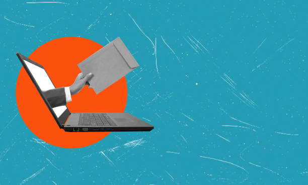 istock Art collage, laptop hand with documents on blue background with space for text. 1502312878