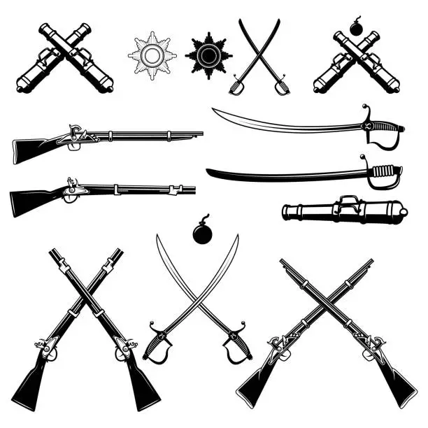 Vector illustration of Crossed hunting rifles and guns. Design element for emblem, sign.