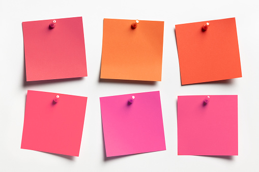 Group of valentines colors Sticky notes on white paper background. This file is cleaned and retouched.