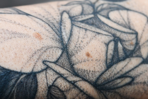 Close up of moles on tattooed skin
