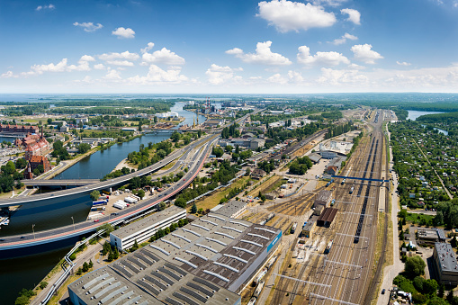 Aerial view of city highway, port and railway to Szczecin, Poland