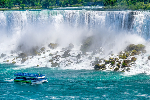 Aerial View from the Canadian side of the Niagara Falls and New York State at the background.  The Niagara Falls is one of the largest and most famous waterfall in the world. Niagara Falls consists of three waterfalls that straddle the international border between Canada and the United States.