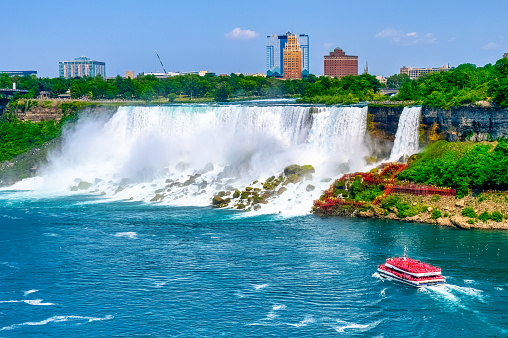 Niagara Falls, Ontario, Canada - June 17, 2023: Tour boat or small boats carrying passengers in the Niagara River. The ride is a tourist attraction