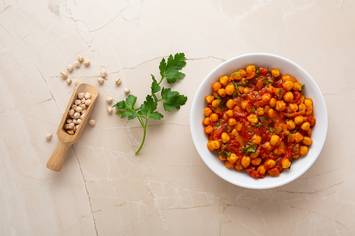 Overhead view of vegan chick pea stew in bowl