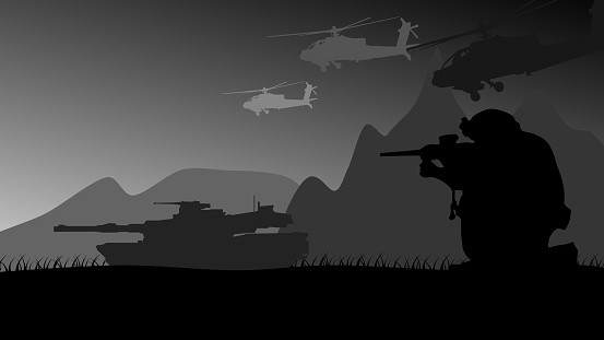 Silhouette in a war zone with soldier, tanks, and helicopters