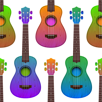 Colorful ukuleles seamless vector pattern. Hawaiian style musical background.