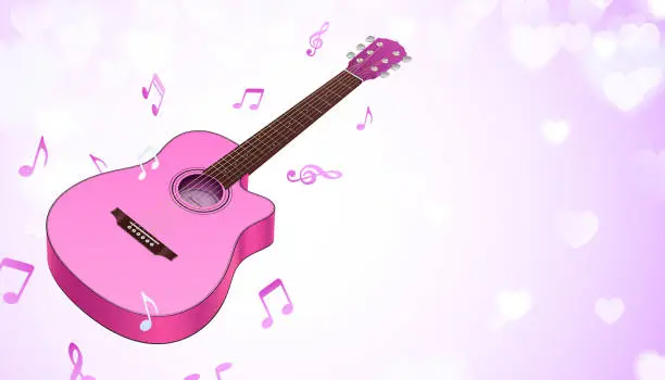 Vector illustration of Pink guitar with music notes flying on a romantic background with bokeh hearts, vector illustration