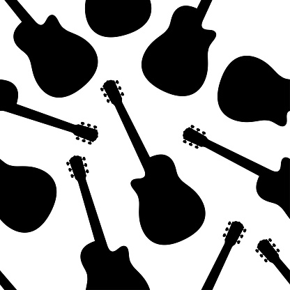 Guitars seamless vector pattern, black silhouette on a white background.