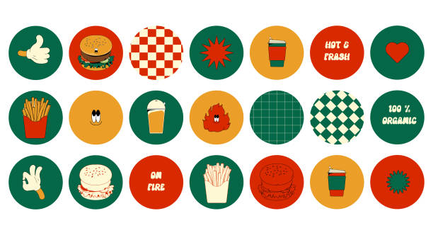 burger retro kreskówka fast food. komiksowy charakter, hasło, cytaty i inne elementy burger baru, kawiarni, restauracji. - board game marker stock illustrations