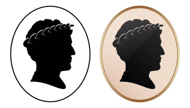 silhouette portrait of caesar ruler in black oval frame and cameo jewelry, vector illustration. - cameo brooch 幅插畫檔、美工圖案、卡通及圖標