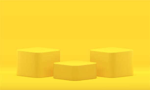 istock Yellow 3d pedestal three cubes platform competition award arena realistic vector illustration 1502319349