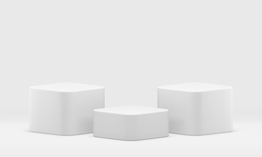 3d pedestal white smooth cubes squared foundation platform decor element realistic vector illustration. Podium for product presentation geometric empty basic stage competition reward showroom design
