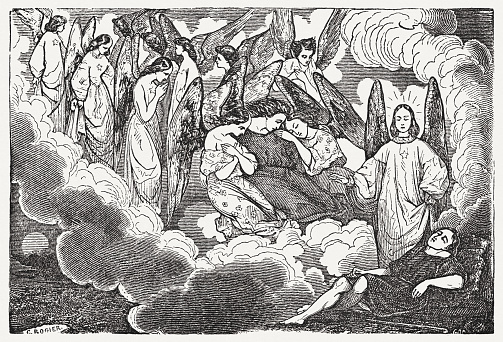 Jacob’s Dream at Bethel. He sees a stairway to heaven on which the angels of God go up and down (Genesis 28, 10 - 19). Wood engraving, published in 1835.