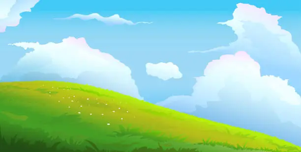 Vector illustration of Grass meadow landscape background and clouds scene