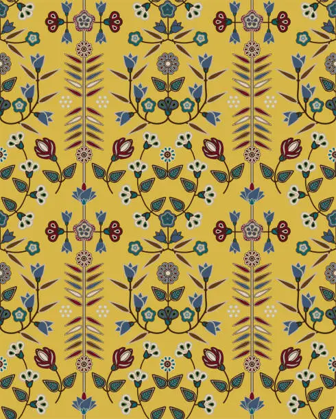 Vector illustration of Ethnic floral pattern in yellow color. Ornate damask fabric swatch.