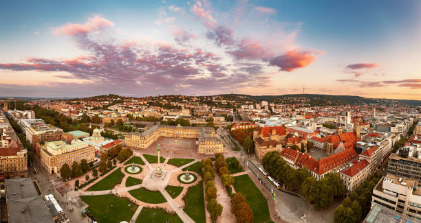 Schlossplatz in Stuttgart, Germany Aerial panoramic view of the famous Schlossplatz in Downtown Stuttgart, Germany at sunset, travel background stuttgart stock pictures, royalty-free photos & images